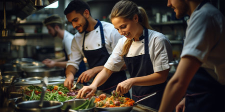 cooking lesson, friendship, food and people concept - happy women and men preparing and decorating plates with dishes in the kitchen at a master class.の素材