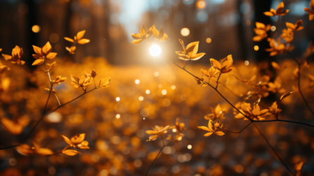 background Sunny autumn landscape with golden maple trees in the park.の素材