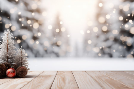 wooden table with Christmas decorations for product showcase on the background of a winter snowy forest. copy spaceの素材