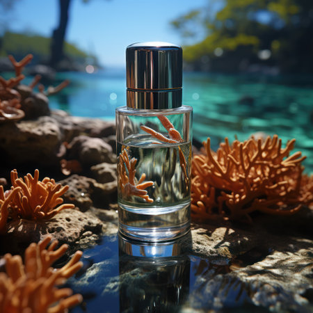 moisturizing cosmetic product underwater at the bottom of a pond against a blurred backgroundの素材