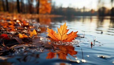 Autumn leaves drifting down against the blue sky. Autumn colors, sharp and clear focus on one leaf.の素材