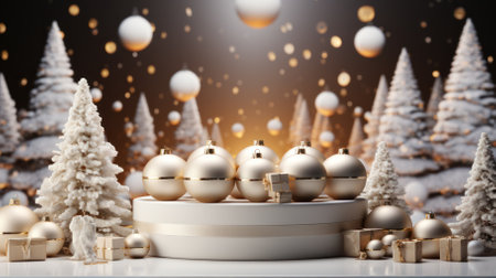 Winter background with white Christmas balls on a blurred background of Christmas trees with illuminationの素材