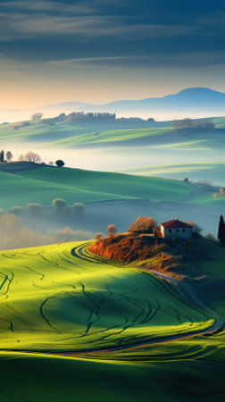 Majestic landscape with rice terraced fields shrouded in fog at dawn. mesmerizing landscape with rice terraceの素材