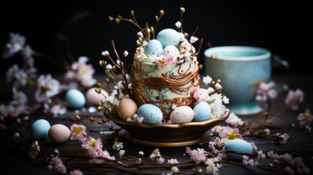 spring cake for Easter with pink cream, decorated with small decorative eggs and fresh cherry flowersの素材