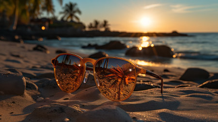 sunglasses on the seashore in the setting sun.の素材