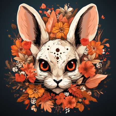 colorful bunny head with fancy pattern Day of the Dead, Dia de los muertos on black background.drawing on a t-shirtの素材