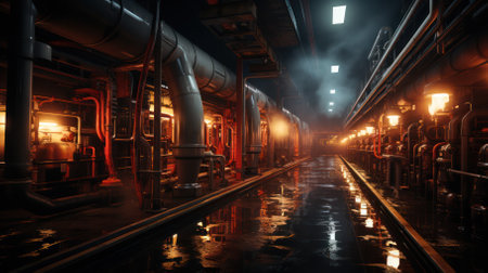 dark factory room with pipes and light sources. metallurgical industryの素材