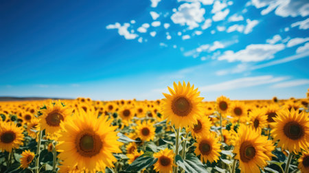 A field of sunflowers against the sky on a sunny day. harvestの素材