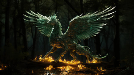 green glowing fire dragon opened its wings against the background of the night forest and skyの素材