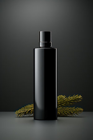 black container with a spray bottle on a dark background. strict, laconic packaging for mens cosmetics or perfumes.の素材