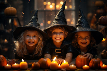 little witches in costumes and hats with candles and pumpkins at the table at night on Halloween, childrens Halloween, dark backgroundの素材