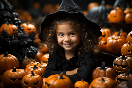 little witch in a costume and hat with pumpkins at night for Halloween, childrens Halloween, dark backgroundの素材