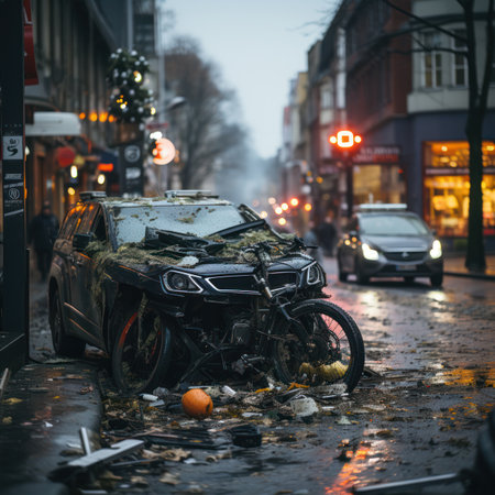 the consequence of a collision between a bicycle and a car on the road during riots on the streets. fragments on a wet road. road safety and life insurance concept.の素材
