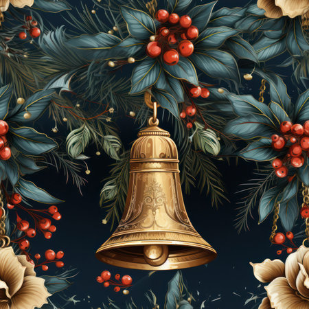 Christmas seamless pattern with bells on a dark green background .pattern for wallpaper, wrapping paper or fabric.の素材
