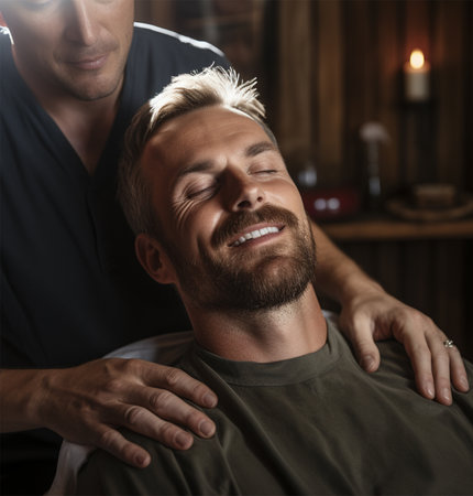 a man massages his husbands shoulders after a working day.の素材