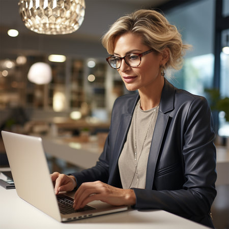 stylish business woman in glasses and a suit at a computer in the office.の素材