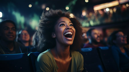 young woman in the cinema looking at the screen and laughing.leisure and entertainmentの素材