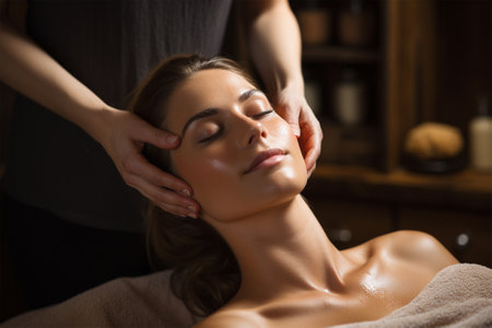 Young Beautiful woman enjoying massage in beauty salon or luxury spa resort.の素材