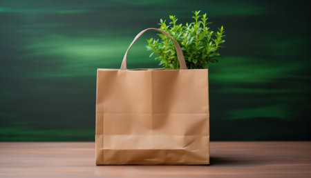 Shopping bag made of recycled brown paper with a handle and green leaves on a green background. eco concept. Zero waste. Top view, flat lay, copy space.の素材