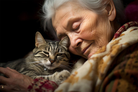 an elderly woman hugs her pet cat with her face pressed to him. Caring for animals. lonelinessの素材