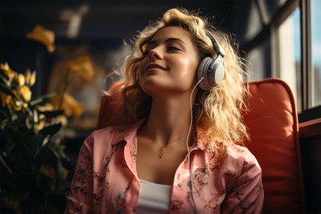 Happy young woman in headphones enjoying listening to music.の素材