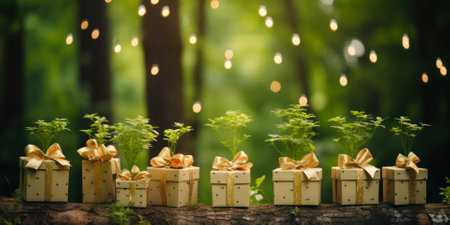 many beautiful gift boxes tied with ribbons and decorated with greenery stand in the forest. Design elements for a celebration, important event, wedding or Christmas.の素材