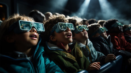 little spectators of different races in the cinema sit in special glasses and watch the film with passion and attention with bated breathの素材