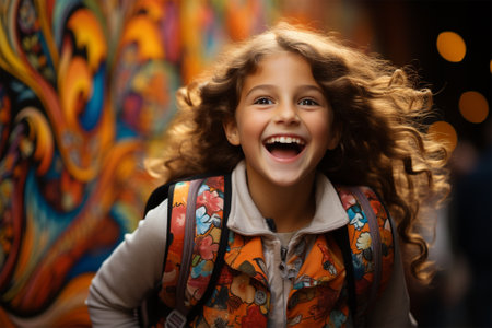 portrait of a cheerful schoolgirl in a bright jacket with curly hair running towards her against the background of a painted wallの素材