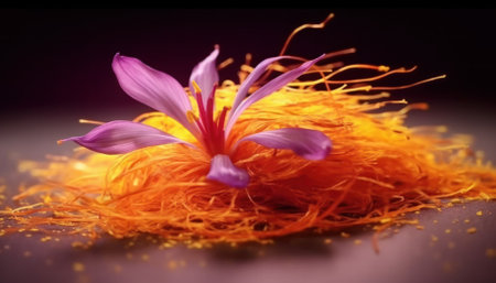 a pile of saffron on the table. Saffron is a spice that is the dry golden pistils of crocus sativus. It is widely used in Mediterranean and Oriental cuisines.の素材