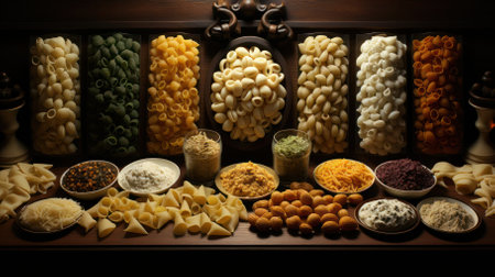 assortment of different types of pasta with spices on the table.の素材