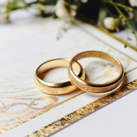 Wedding rings, close-up on a light background with flowers.postcard or invitation to a celebration.の素材