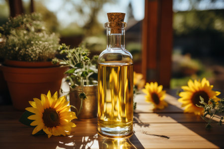 sunflower oil in glass bottles among sunflower flowers, close-up with space for text.exclusive premium sunflower oilの素材
