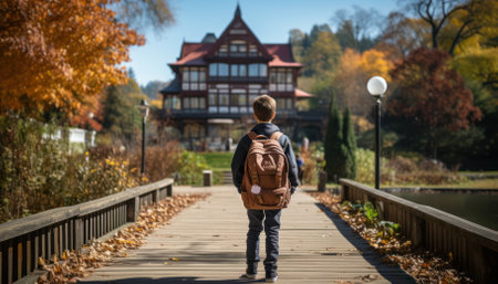 teenager in a jacket and with a backpack on the street on a sunny day. learning concept .の素材