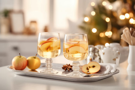 drink with apple slices in a glass on a Christmas background .の素材