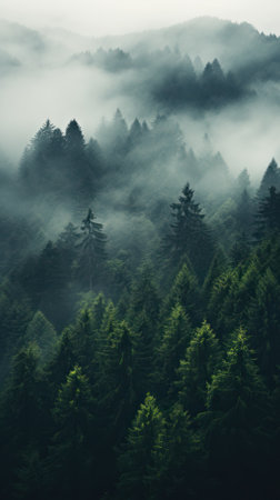 Mountain landscape with coniferous trees background wallpaperの素材