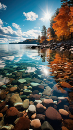 Colorful view of the autumn landscape on the lake. Beauty of nature concept background.Beautiful autumn lake sceneの素材