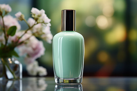 Cosmetic glass bottle of luxury product on blurred eco background. product presentation, demonstration of cosmetic products.Modern stylish bottleの素材