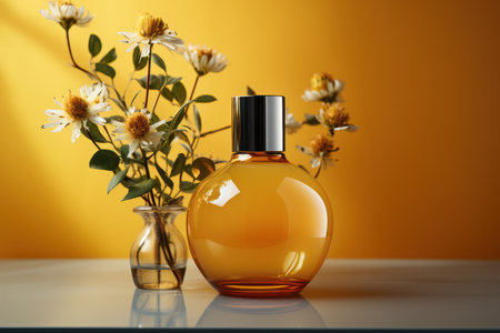 Cosmetic glass bottle of luxury product yellow design against background with bouquet of flowers. product presentation, demonstration of cosmetic products.Modern stylish bottleの素材