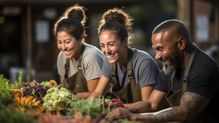 cheerful man and women planting seedlings in boxes. gardening and horticulture. farming and agricultureの素材