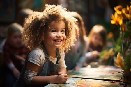 little curly girl artist. Adorable multiethnic children paint with paints in kindergarten or art workshop.の素材