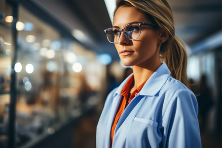 an ophthalmologist against the background of stands in the hall of an optics store with display cases of eyeglass frames.の素材