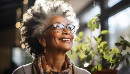 Handsome elderly cheerful African American senior woman enjoying life .の素材
