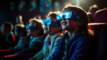 little spectators in a movie theater sit and watch a film in 3D glasses. photo of a group of people at the cinema.の素材