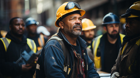 portraits of workers in hard hats against the background of a blurred image of a city streetの素材
