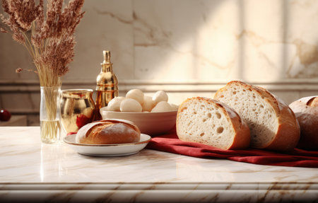 fresh bread on a marble tabletop early in the morning.の素材