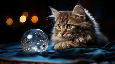 fluffy gray cat looks at a crystal ball against the background of Christmas illumination.の素材