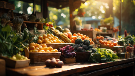 stand with fresh fruits and vegetables at the farmers marketの素材