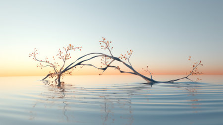 a thin graceful branch is reflected in the clear water of a pond on a foggy morning.の素材