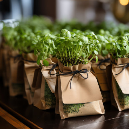 Green sprouts of microgreens carefully packed in craft bags for sale. Growing sprouted seeds, microgreens. Healthy lifestyle.の素材