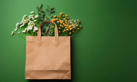 Shopping bag made of recycled brown paper with a handle and green leaves on a green background. eco concept. Zero waste. Top view, flat lay, copy space.の素材